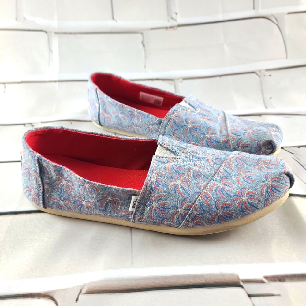 Toms Women's 10 Firecracker Canvas Shoes Flats Blue Red Silver